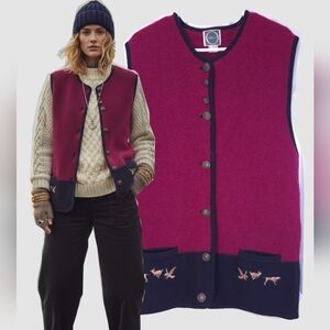 Orly Vintage Women's Burgundy and Navy Wool Vest Size L Fisherman Coastal Granma